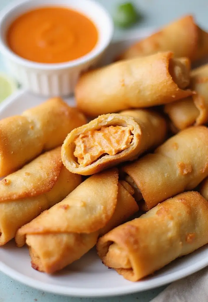 25 Creative Recipes with Buffalo Chicken Dip You Must Try - 14. Buffalo Chicken Dip Spring Rolls
