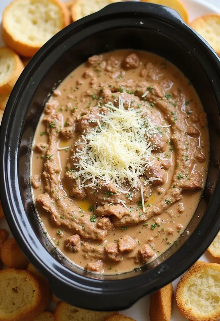 25 Ground Beef Crock Pot Dip Recipes That Satisfy a Crowd - 25. Garlic Parmesan Beef Dip