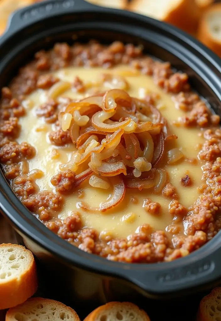 25 Ground Beef Crock Pot Dip Recipes That Satisfy a Crowd - 8. Creamy French Onion Beef Dip