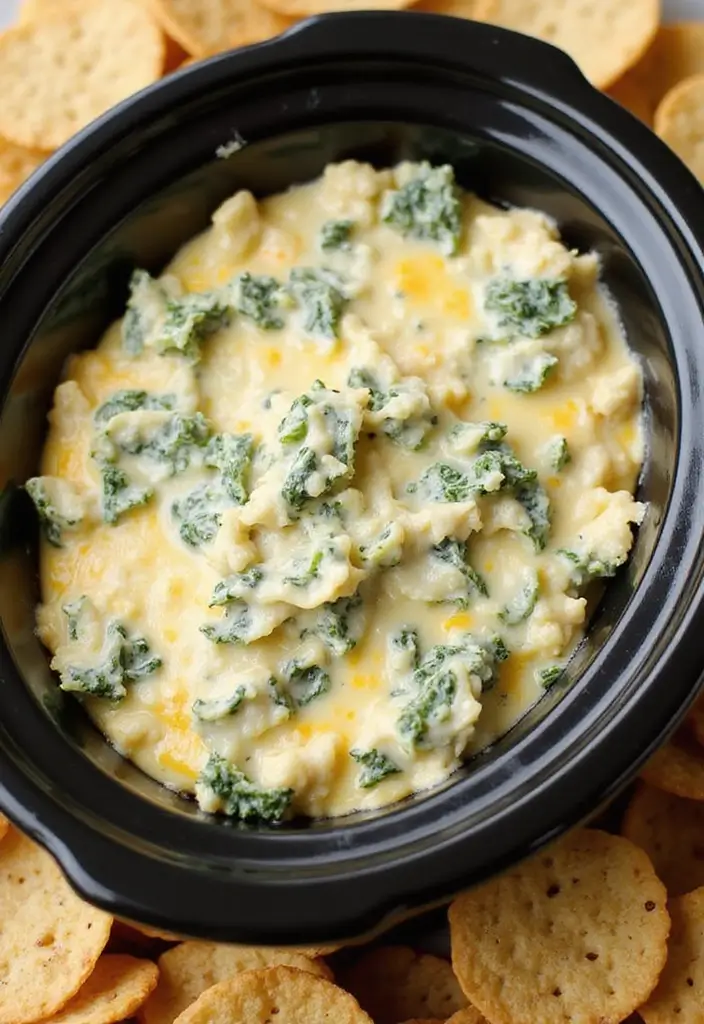 25 Hot Crock Pot Dip Recipes That Keep Guests Coming Back - 1. Cheesy Spinach Artichoke Dip