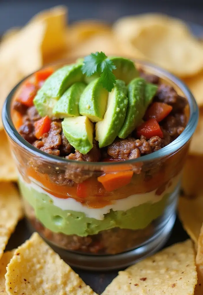 27 Ground Beef Dip Recipes That Feed a Hungry Crowd - 13. Beef and Avocado Layered Dip