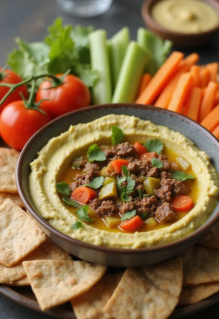 27 Ground Beef Dip Recipes That Feed a Hungry Crowd - 23. Beef and Vegetable Hummus Dip