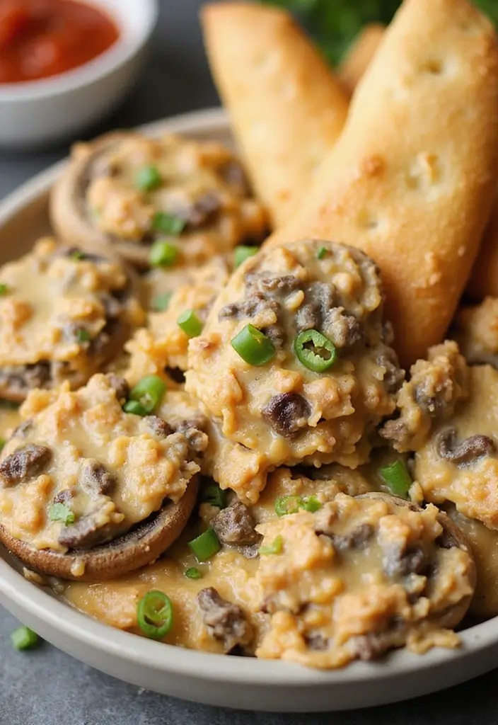 27 Ground Beef Dip Recipes That Feed a Hungry Crowd - 25. Ground Beef and Cheese Stuffed Mushrooms Dip