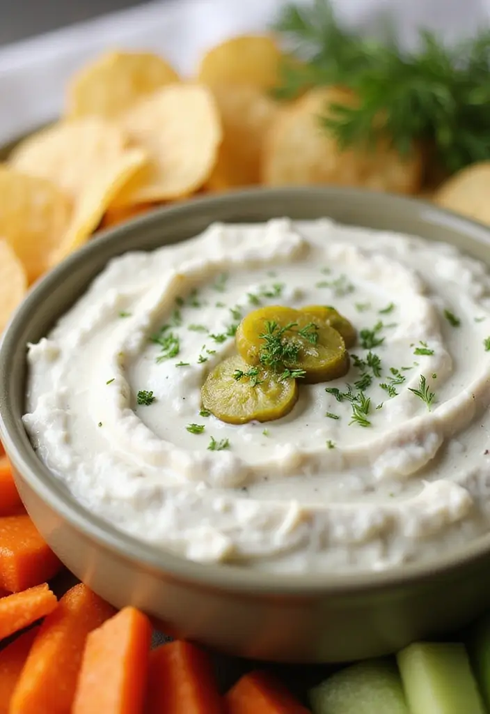 27 Low Calorie Veggie Dip Recipes for Healthy Snacking - 12. Dill Pickle Dip