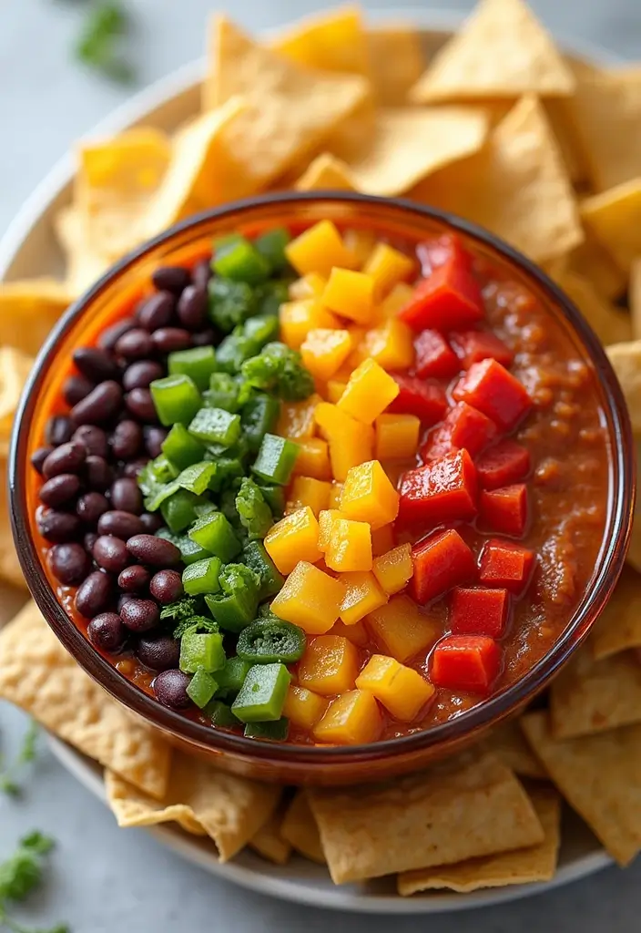 28 Classic 7 Layer Bean Dip Recipes for Any Occasion - 13. Colorful Rainbow Veggie Bean Dip