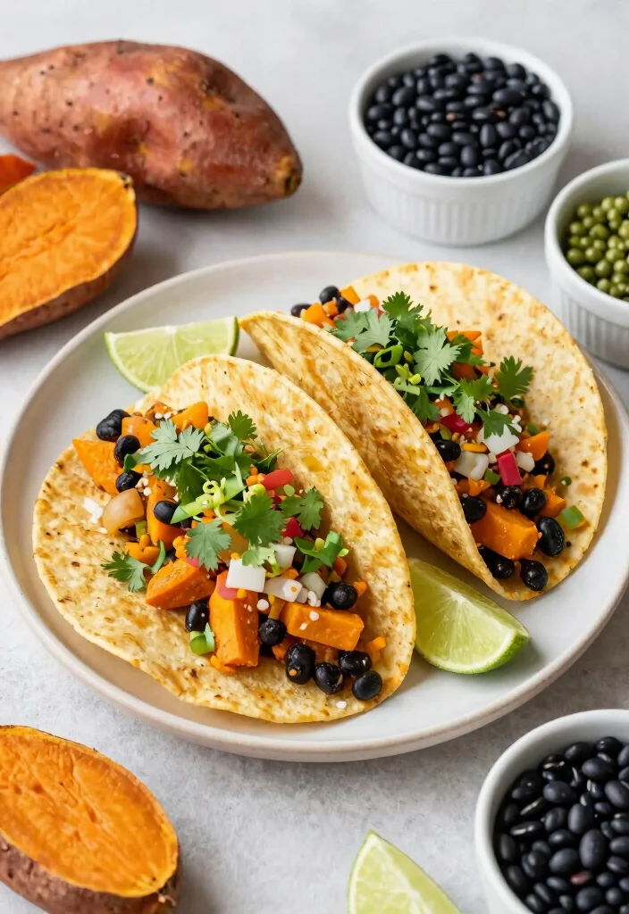 12 Fat Free Vegan Recipes for Light Plant Based Meals 8. Sweet Potato and Black Bean Tacos 0