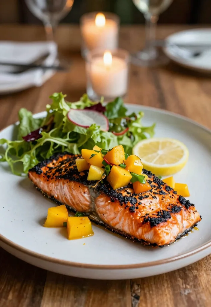 12 Seafood Dinner Recipes for Fresh Flavorful Nights - 10. Blackened Salmon with Mango Salsa 1