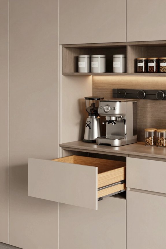 hidden coffee storage pull out drawers