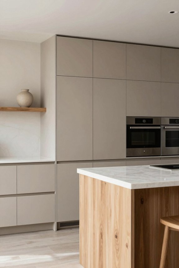 minimalist cabinets warm wood accents
