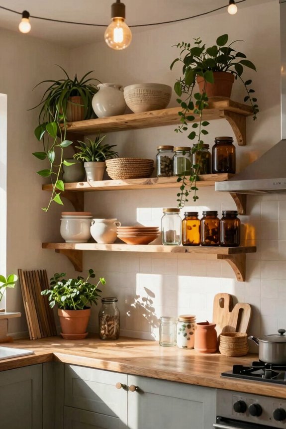 open shelving lighting greenery thoughtfully