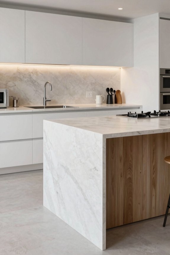 waterfall edge island with book matched orca stone